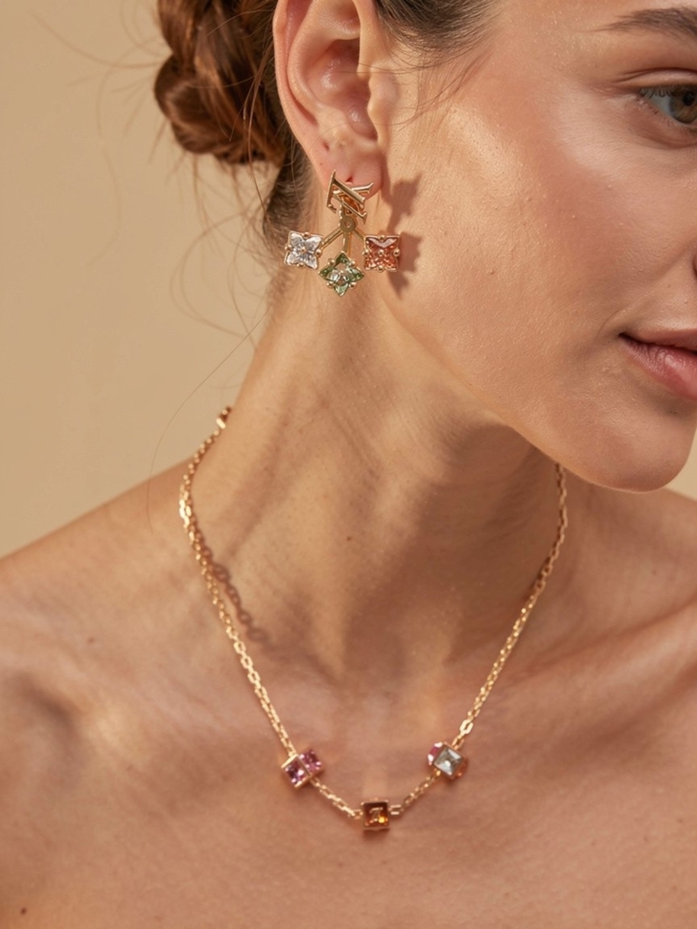 Louis Vuitton Multicolor Square Gem Necklace & 2-way Earrings